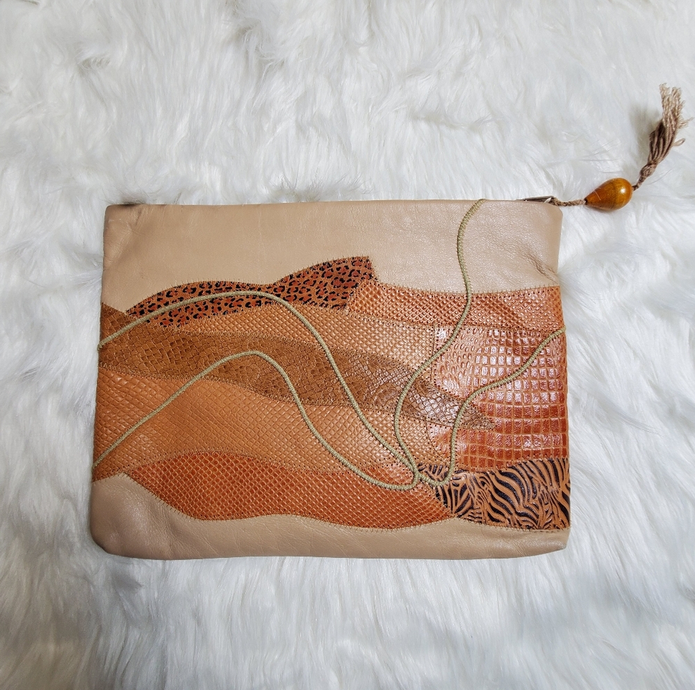 Vintage Leather Beige and Brown Patterned Clutch